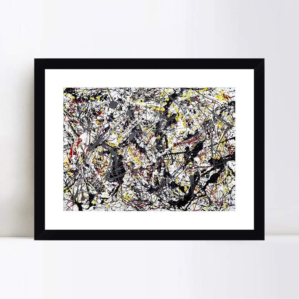 INVIN ART Framed Canvas Giclee Print Art Silver over Black,White,Yellow and Red by Jackson Pollock Abstract Wall Art Living Room Home Office Decorations(Black Frame with Mat,20"x24")