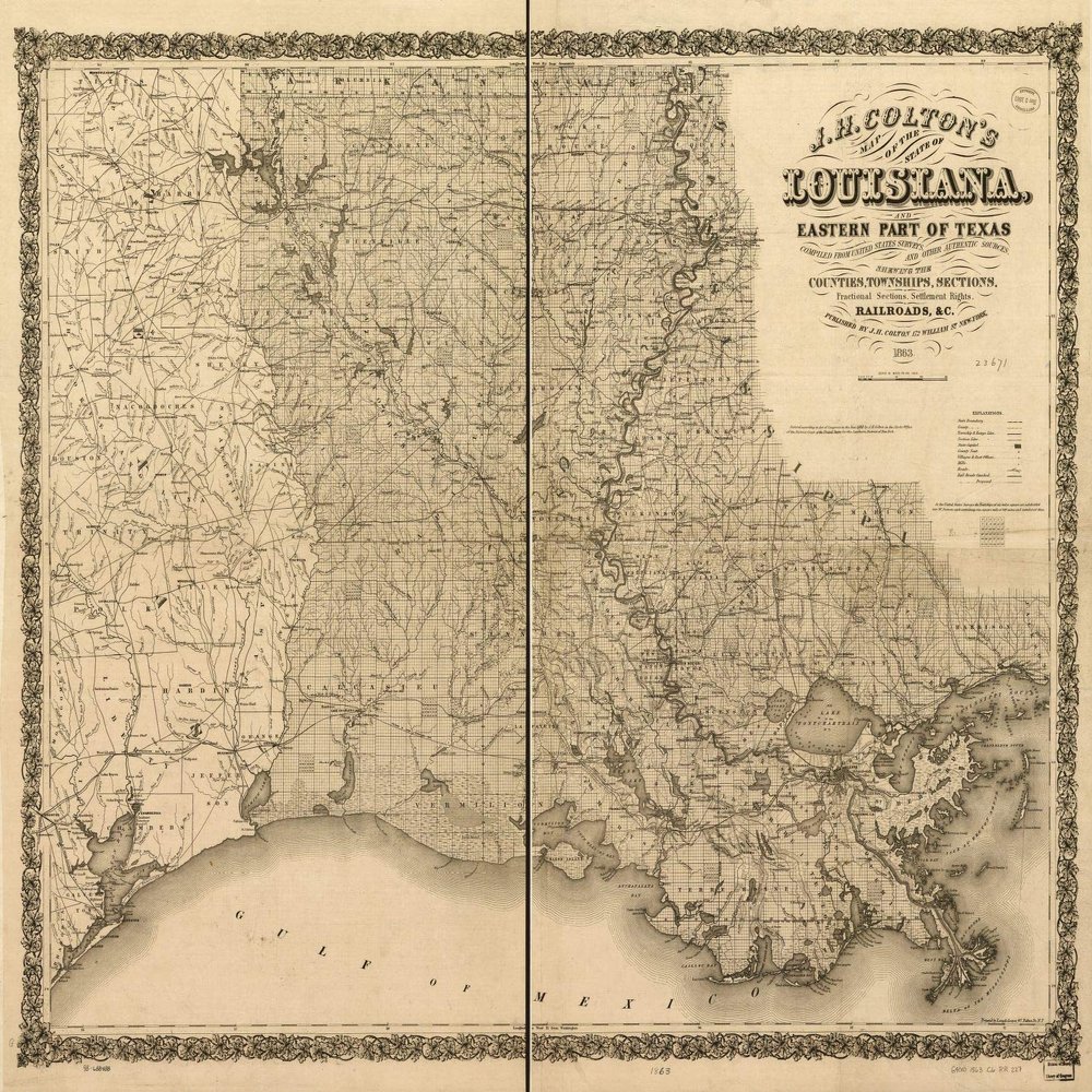 18" x 24" 1863 Colton's Map of The State of Louisiana & Eastern Part of Texas Compiled from United States Surveys