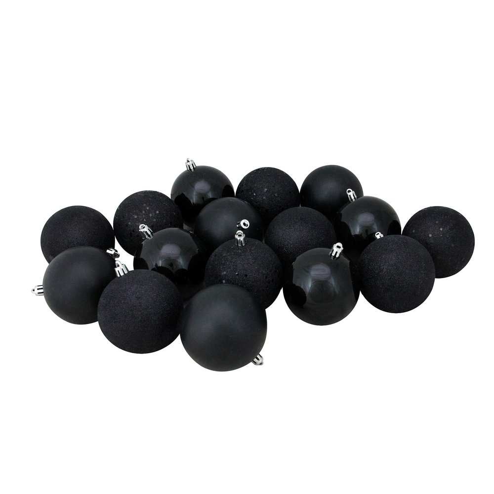16ct Jet Black 4-Finish Shatterproof Christmas Ball Ornaments 3" (75mm)
