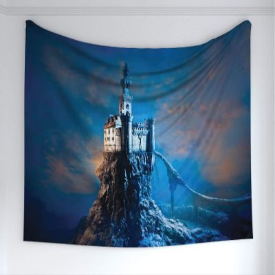 Ambesonne Fantasy Tapestry, Old Castle on a Rocky Hill Top Mysterious Medieval Architecture, Fabric Wall Hanging Decor for Bedroom Living Room Dorm, 60" X 40", Blue Pale Orange Cream