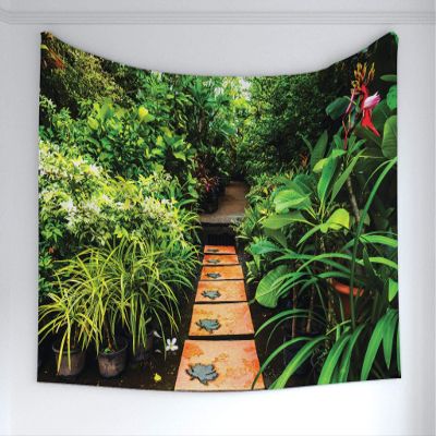 Ambesonne Peace Garden Tapestry, Garden with Tropical Plants and Wooden Path Tranquility Harmony Theme, Fabric Wall Hanging Decor for Bedroom Living Room Dorm, 60" X 40", Green Pale Brown