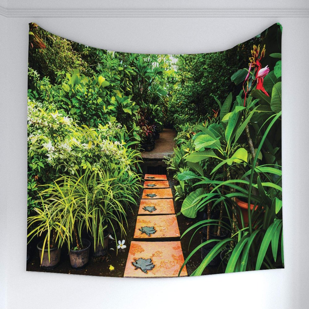 Ambesonne Peace Garden Tapestry, Garden with Tropical Plants and Wooden Path Tranquility Harmony Theme, Fabric Wall Hanging Decor for Bedroom Living Room Dorm, 60" X 40", Green Pale Brown
