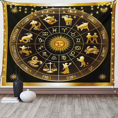 Ambesonne Astrology Tapestry, Wheel Zodiac Astrology Signs in Circle with Sun Moon Image Circle, Fabric Wall Hanging Decor for Bedroom Living Room Dorm, 90" X 60", White Blue
