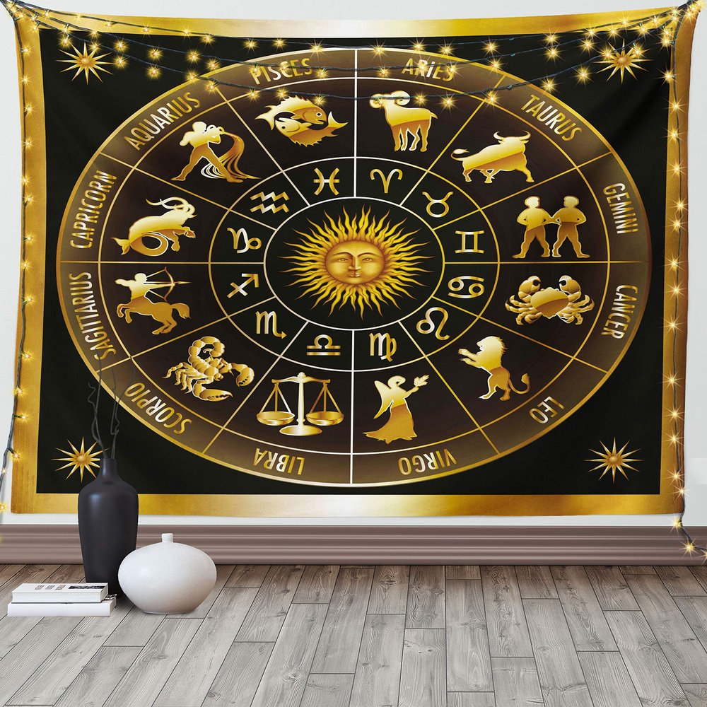 Ambesonne Astrology Tapestry, Wheel Zodiac Astrology Signs in Circle with Sun Moon Image Circle, Fabric Wall Hanging Decor for Bedroom Living Room Dorm, 90" X 60", White Blue