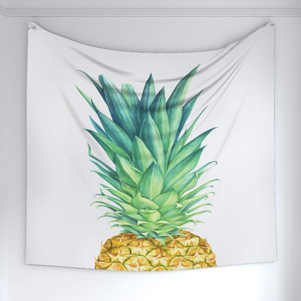 Ambesonne Pineapple Tapestry, Contemporary Tropical Fruit Art Hand Painting on Plain Backdrop, Fabric Wall Hanging Decor for Bedroom Living Room Dorm, 60" X 40", Green White