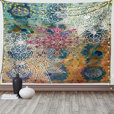 Ambesonne Ethnic Tapestry, Vintage Style Oriental Composition with Mandala Flowers and Peacock Feathers, Fabric Wall Hanging Decor for Bedroom Living Room Dorm, 90" X 60", Mustard White