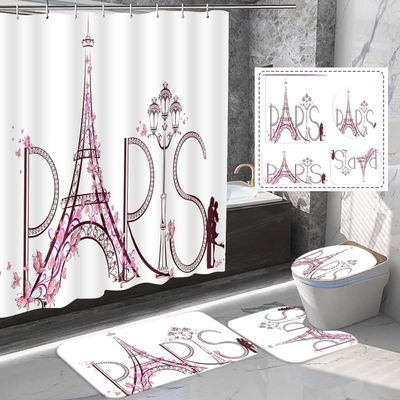 Amagical 4PCS Paris Tower Eiffel Shower Curtain Set with Bathroom Mat Set,Paris Lettering Pink Flowers Couple Trip Print Bath Mat Contour Mat Toilet Cover Shower Curtain