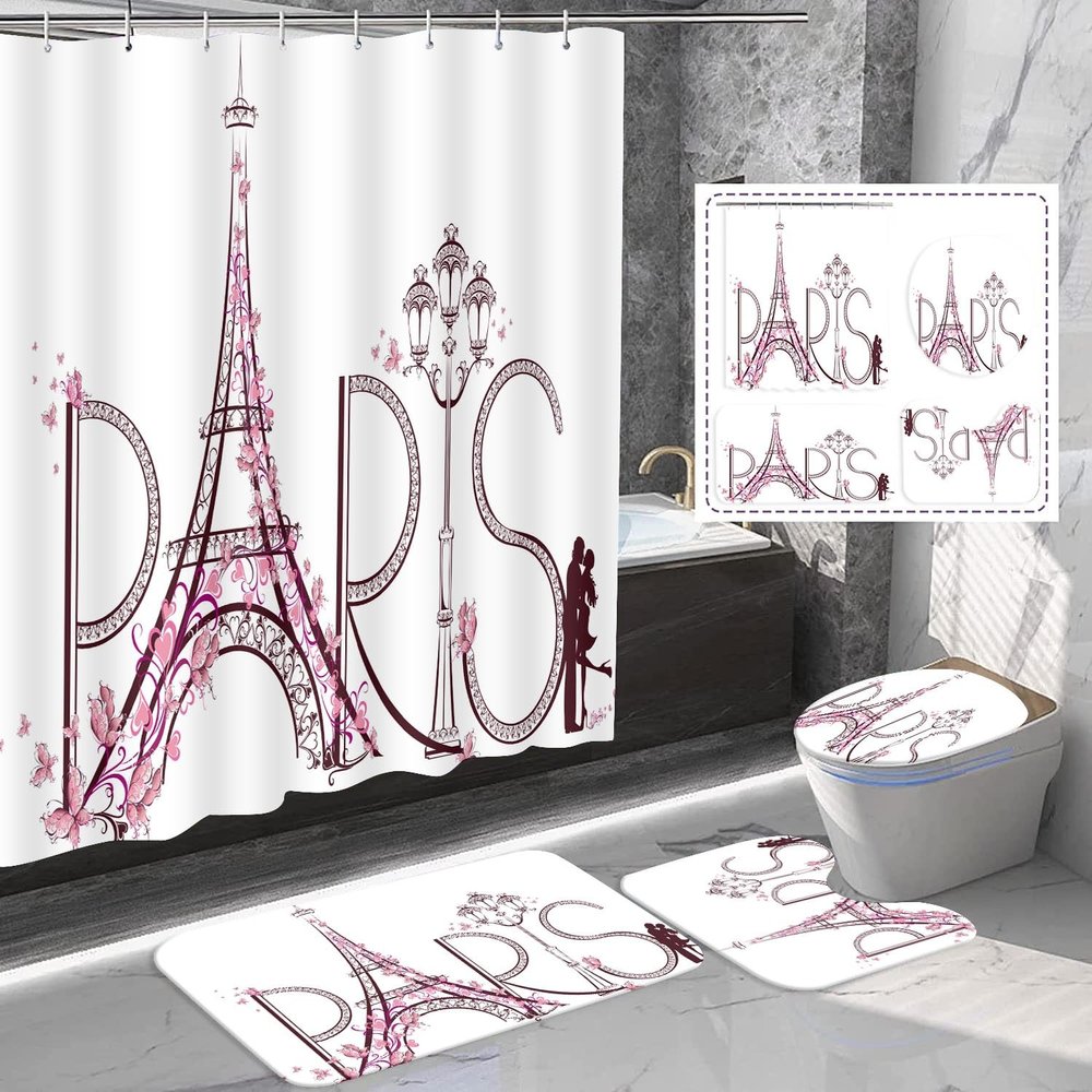Amagical 4PCS Paris Tower Eiffel Shower Curtain Set with Bathroom Mat Set,Paris Lettering Pink Flowers Couple Trip Print Bath Mat Contour Mat Toilet Cover Shower Curtain