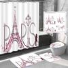 Amagical 4PCS Paris Tower Eiffel Shower Curtain Set with Bathroom Mat Set,Paris Lettering Pink Flowers Couple Trip Print Bath Mat Contour Mat Toilet Cover Shower Curtain view 1