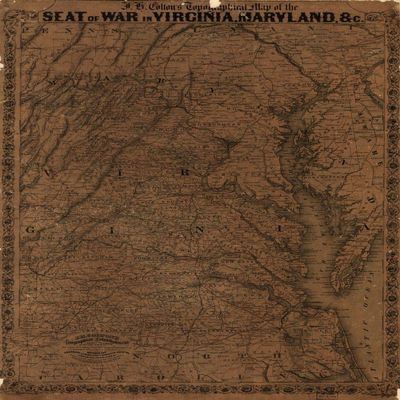 16" x 24" 1863 Joseph Hutchins Colton's Topographical Map of The Seat of War in Virginia Maryland