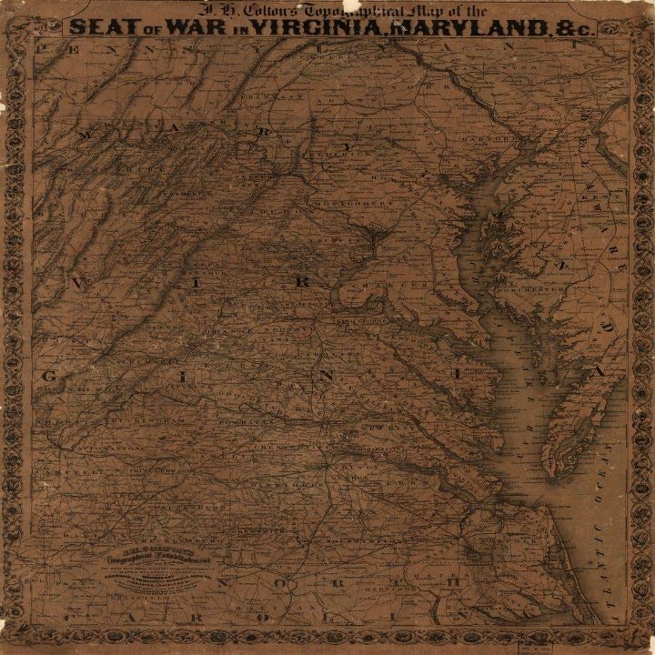 16" x 24" 1863 Joseph Hutchins Colton's Topographical Map of The Seat of War in Virginia Maryland