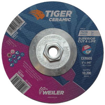 Weiler 58310 6 Inch Cutting Wheel, Tiger Ceramic Stainless Steel Superior Life & Cut Contaminant Free Max Performance Cutting, .045" CER60S Type 27 5/8"-11 Hub, Pack of 10