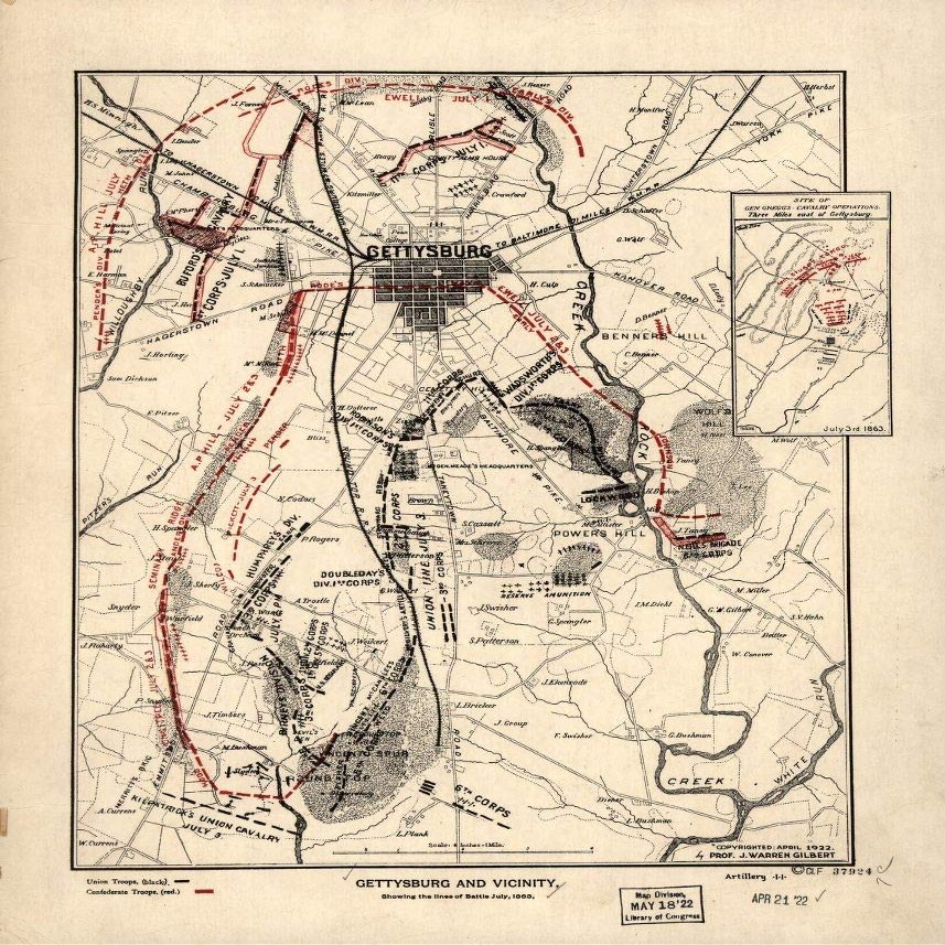 18" x 24" 1922 Map of Gettysburg & Vicinity Showing The Lines of Battle On July 1863