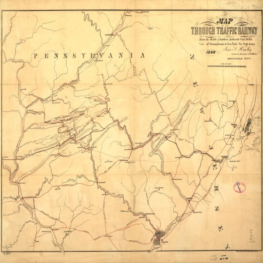 18" x 24" 1868 Map Of Through Traffic Railway From The Middle & Southern Anthracite Coal Fields Of Pennsylvania To New York Via Perth Amboy Jesse L. Hawley Under Direction Of R.A Wilder