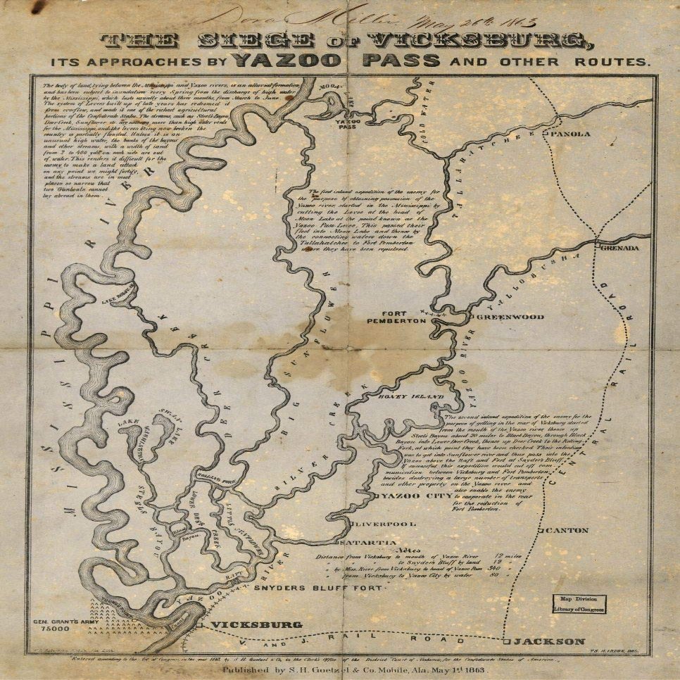 16" x 24" 1863 Map of The Siege of Vicksburg Its Approaches by Yazoo Pass & Other Routes