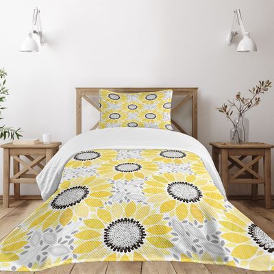 Ambesonne Yellow Bedspread Set, Colorful Illustration of Sun Flower with Motifs and Patterns Summer Nature Artprint, 3 Piece Decorative Bedding Coverlet and 2 Pillow Shams, Twin Size, Yellow Grey