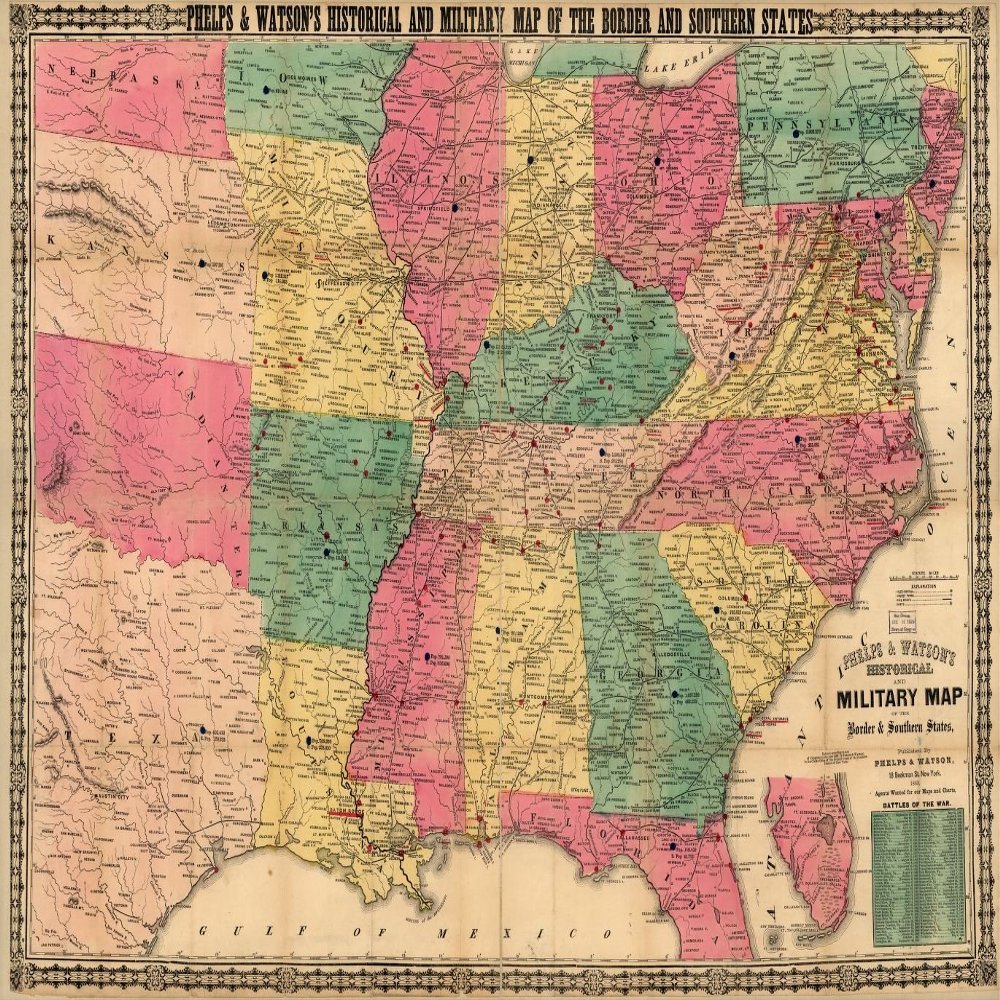 16" x 24" 1863 Phelps & Watson's Historical & Military Map of The Border & Southern States