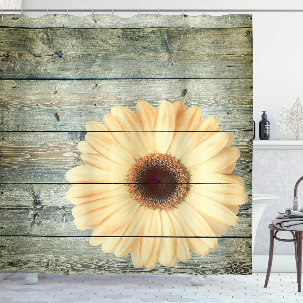 Lunarable Floral Shower Curtain, Rustic Wooden Planks with Sunflower Floral Oak Tree Daisy Gerbera Country, Cloth Fabric Bathroom Decor Set with Hooks, 69" W x 75" L, Grey Yellow