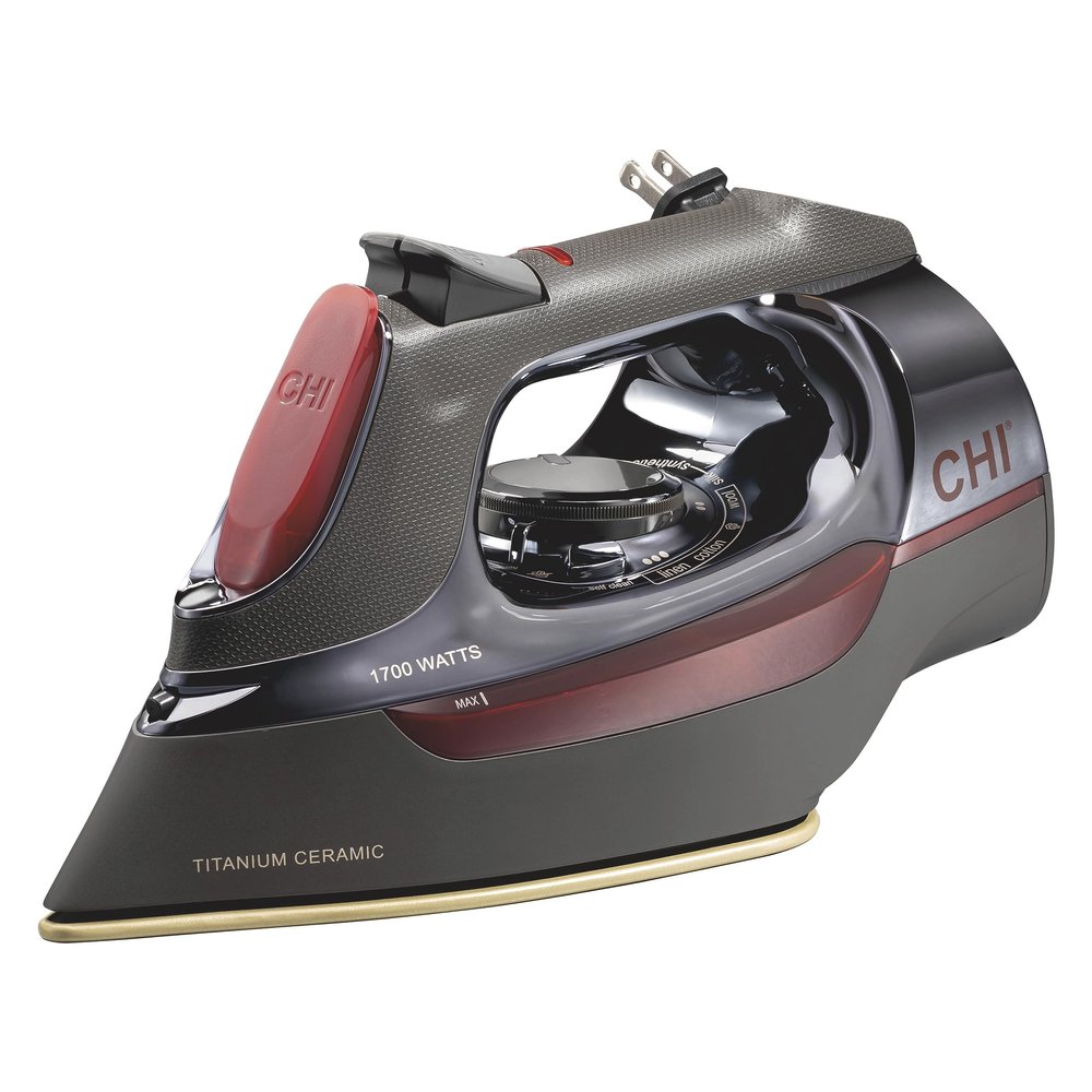 CHI Steam Iron for Clothes with 8 Retractable Cord, 1700 Watts, 3-Way Auto Shutoff, 400+ Holes, Professional Grade, Temperature Control Dial, Titanium Infused Ceramic Soleplate, Black/Chrome (13109)