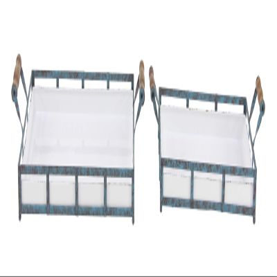 Deco 79 Farmhouse Metal Tray Set, 13"W x 5"H, Blue, Brown