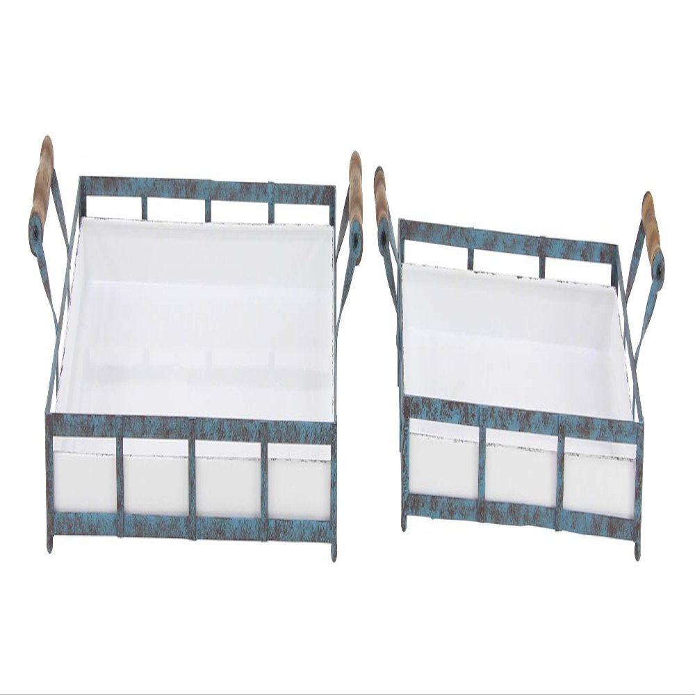 Deco 79 Farmhouse Metal Tray Set, 13"W x 5"H, Blue, Brown