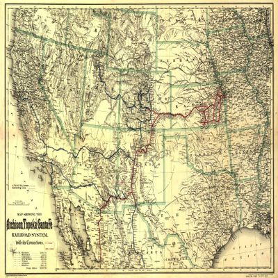 16" x 24" 1883 Map Showing The Atchison Topeka & Santa F Railroad System with Its Connections