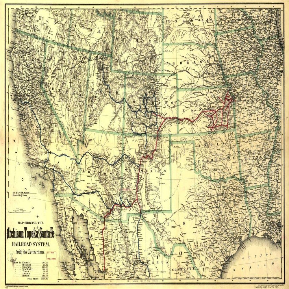 16" x 24" 1883 Map Showing The Atchison Topeka & Santa F Railroad System with Its Connections