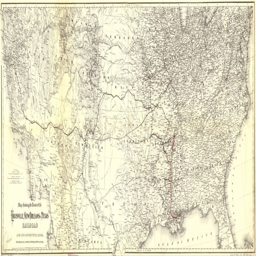 10" x 24" 1883 Map Showing The Route of The Louisville New Orleans & Texas Railroad & Its Connecting Lines