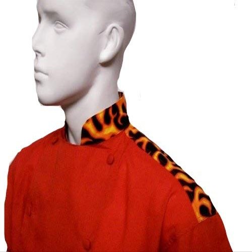 CHEFSKIN Beautiful Flames Chef Jacket Coat in RED with Orange Red Yellow Flames, Cool Light, Makes a Great Gift! (REG-50 in.)