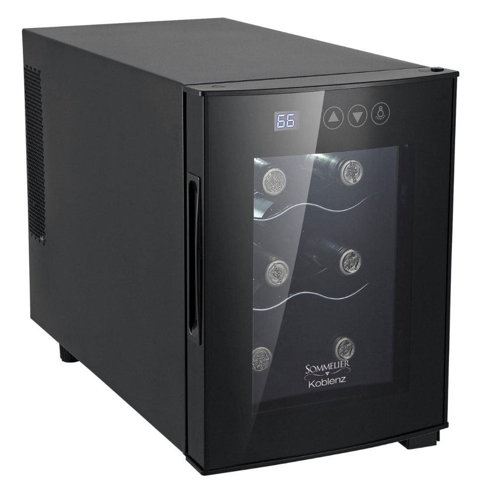 Koblenz 6-Bottle Free Standing Single Zone Fridge and Chiller, Thermoelectric Wine Cooler with Digital Display and Touch Controls, Black, 750 ml Wine Bottles (EVFK-06)