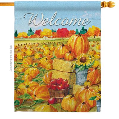Pumpkin Patch House Flag Falltime Harvest Autumn Scarecrow Pumkins Sunflower Leaves Season Autumntime Gathering Small Decorative Gift Yard Banner Double-Sided Made In USA 28 X 40