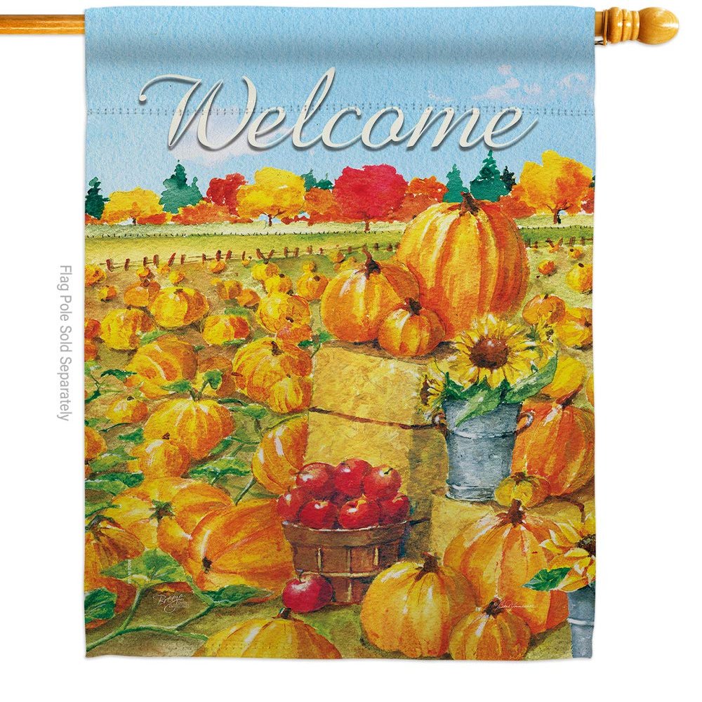Pumpkin Patch House Flag Falltime Harvest Autumn Scarecrow Pumkins Sunflower Leaves Season Autumntime Gathering Small Decorative Gift Yard Banner Double-Sided Made In USA 28 X 40