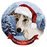 Holiday Pet Gifts Whippet Brindle/White Santa Hat Dog Porcelain Ornament