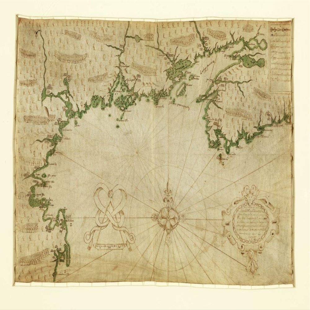 16" x 24" 1607 Map Of Descripsion Des Costs Pts Rades Illes De La Nouuele France Faict Selon Son Vray Mridien Avec La Dclinaison De La Ment De Plussieurs Selon Que Le Sieur De Castes Le Franc