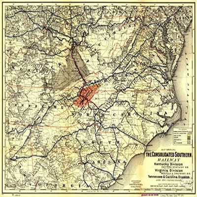 18" x 24" 1883 Map Showing The Consolidated Southern Railway Kentucky Division Eastern Kentucky Railroad Virginia Division Norfolk & Cincinnati Railroad Tennessee & Carolina Division & Its Connecti