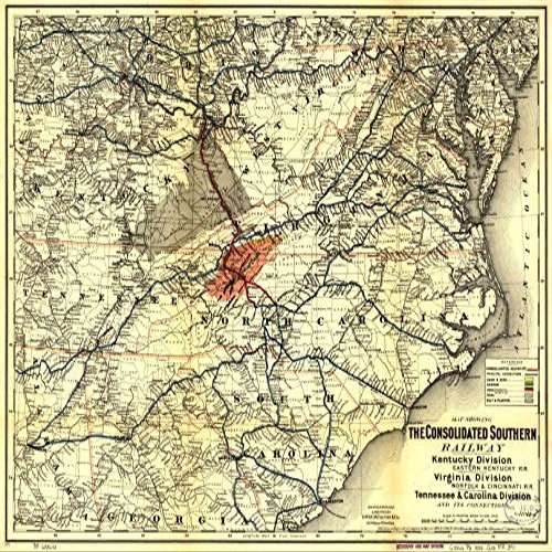 18" x 24" 1883 Map Showing The Consolidated Southern Railway Kentucky Division Eastern Kentucky Railroad Virginia Division Norfolk & Cincinnati Railroad Tennessee & Carolina Division & Its Connecti