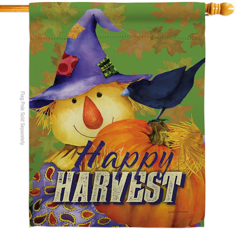 Happy Harvest Scarecrow House Flag Falltime Autumn Pumkins Sunflower Leaves Season Autumntime Gathering Small Decorative Gift Yard Banner Double-Sided Made In USA 28 X 40