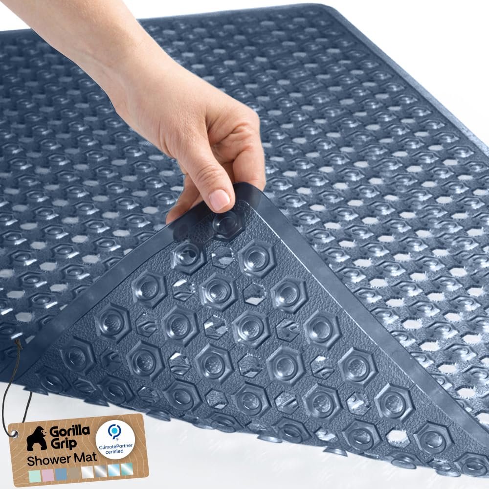 GORILLA GRIP Patented Bath Tub Shower Mat, Machine Washable Bathtub Floor Liner Mats, Suction Cups and Drain Holes to Keep Tubs Clean, Soft on Feet, Bathroom Essentials, 35x16 Inch, Clear Navy
