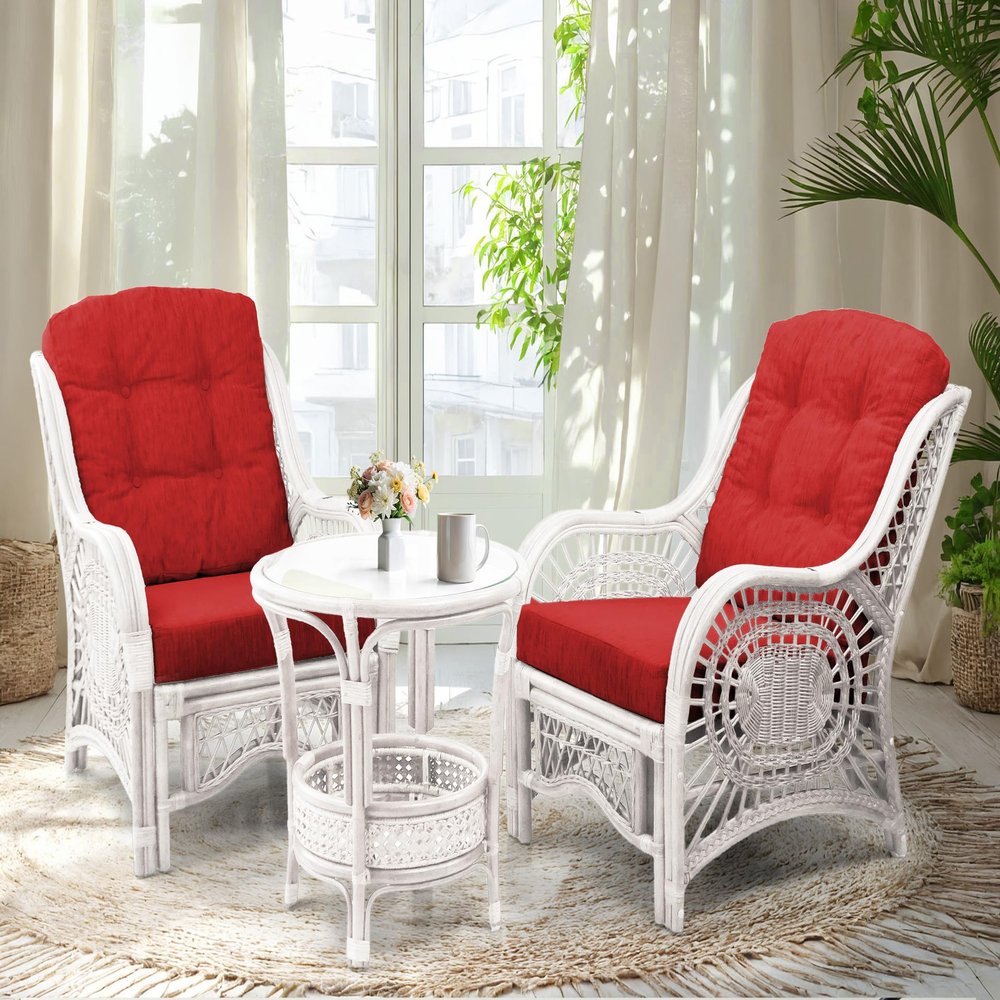 Wickerix Malibu Living Set of 2 Chairs Natural Rattan Wicker Handmade with Red Cushions and Round Coffee Table w/Glass, White Color