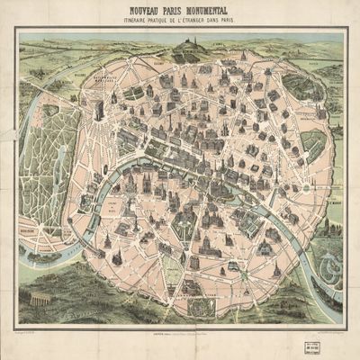 18" x 24" 1878 Map of New Paris Monumental Practical Itinerary from Abroad in Paris