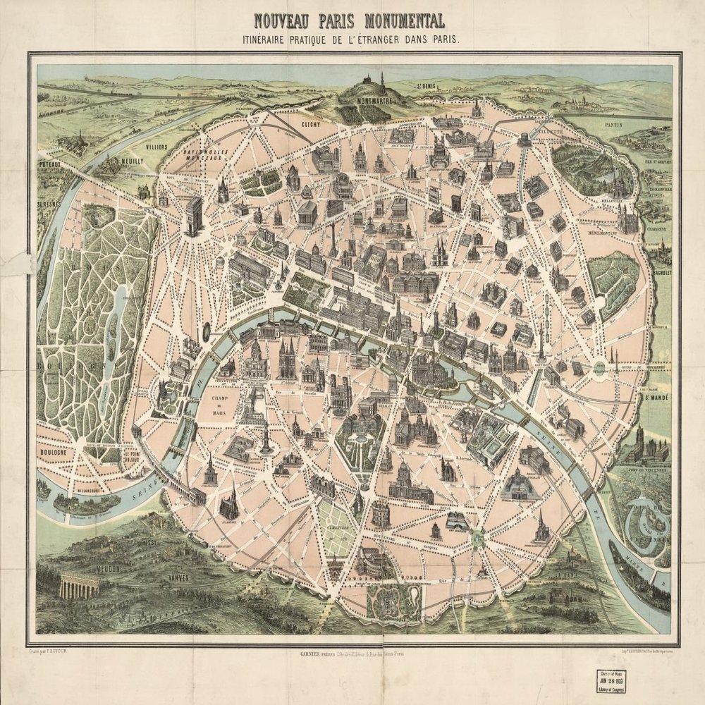 18" x 24" 1878 Map of New Paris Monumental Practical Itinerary from Abroad in Paris