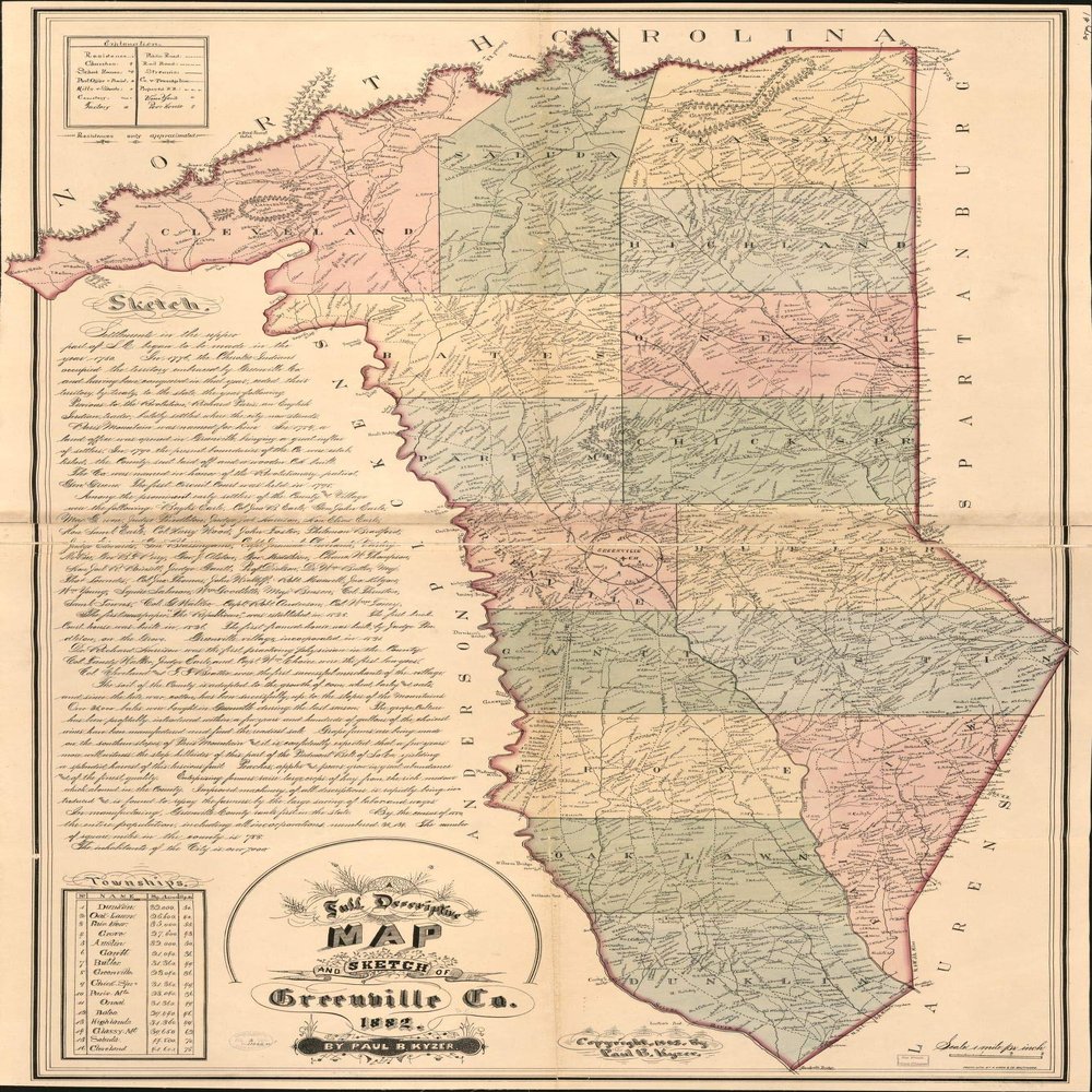 16" x 24" 1882 Full Descriptive Map & Sketch of Greenville County