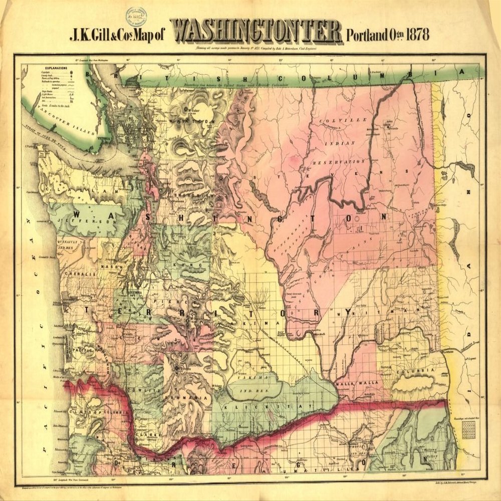 18" x 24" 1878 J.K. Gill & Company Map of Washingtonter