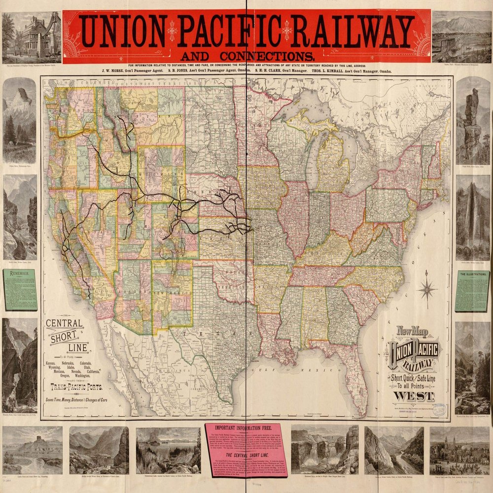 16" x 24" 1883 New Map of The Union Pacific Railway The Short Quick & Safe Line to All Points West