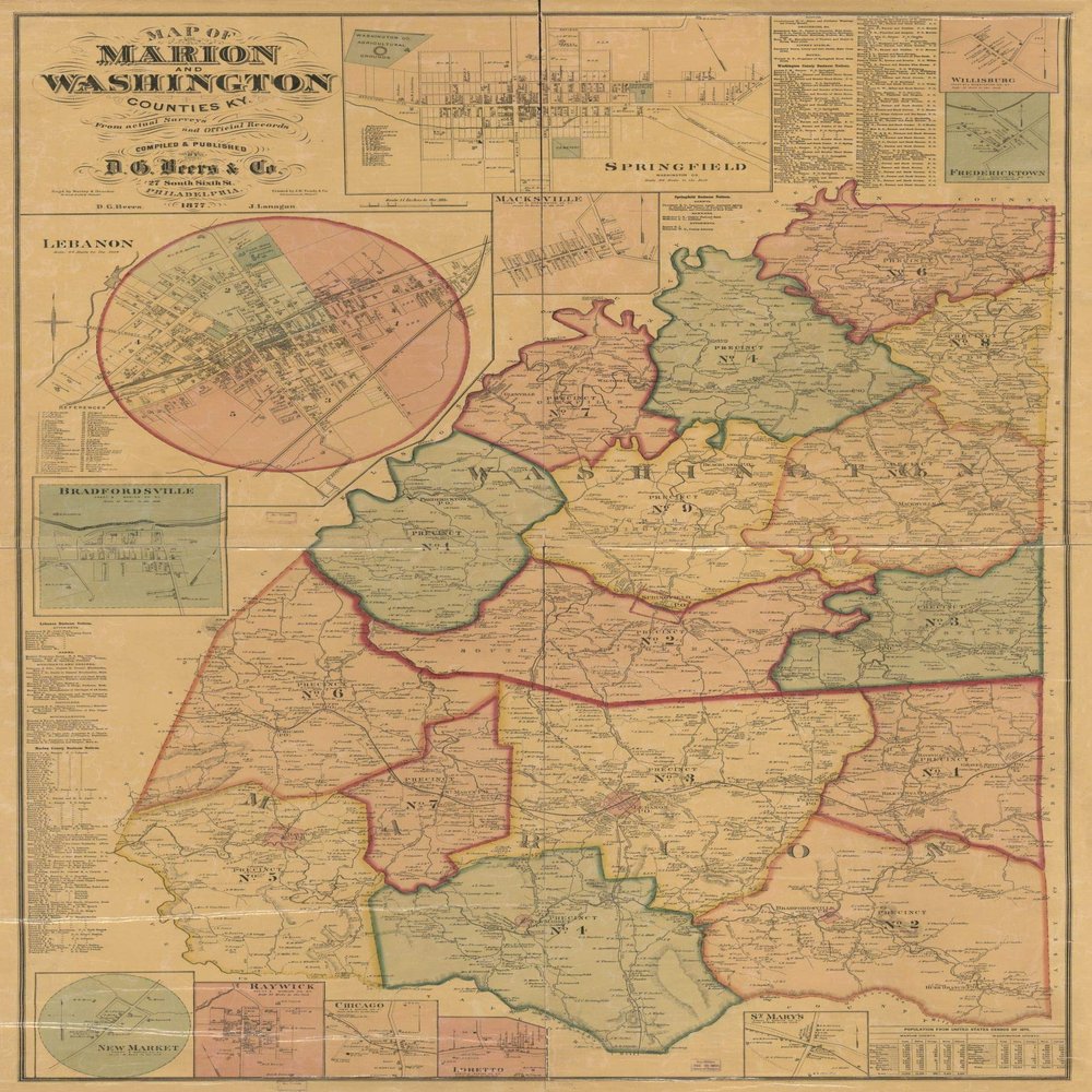16" x 24" 1877 Map of Marion & Washington Counties Kentucky