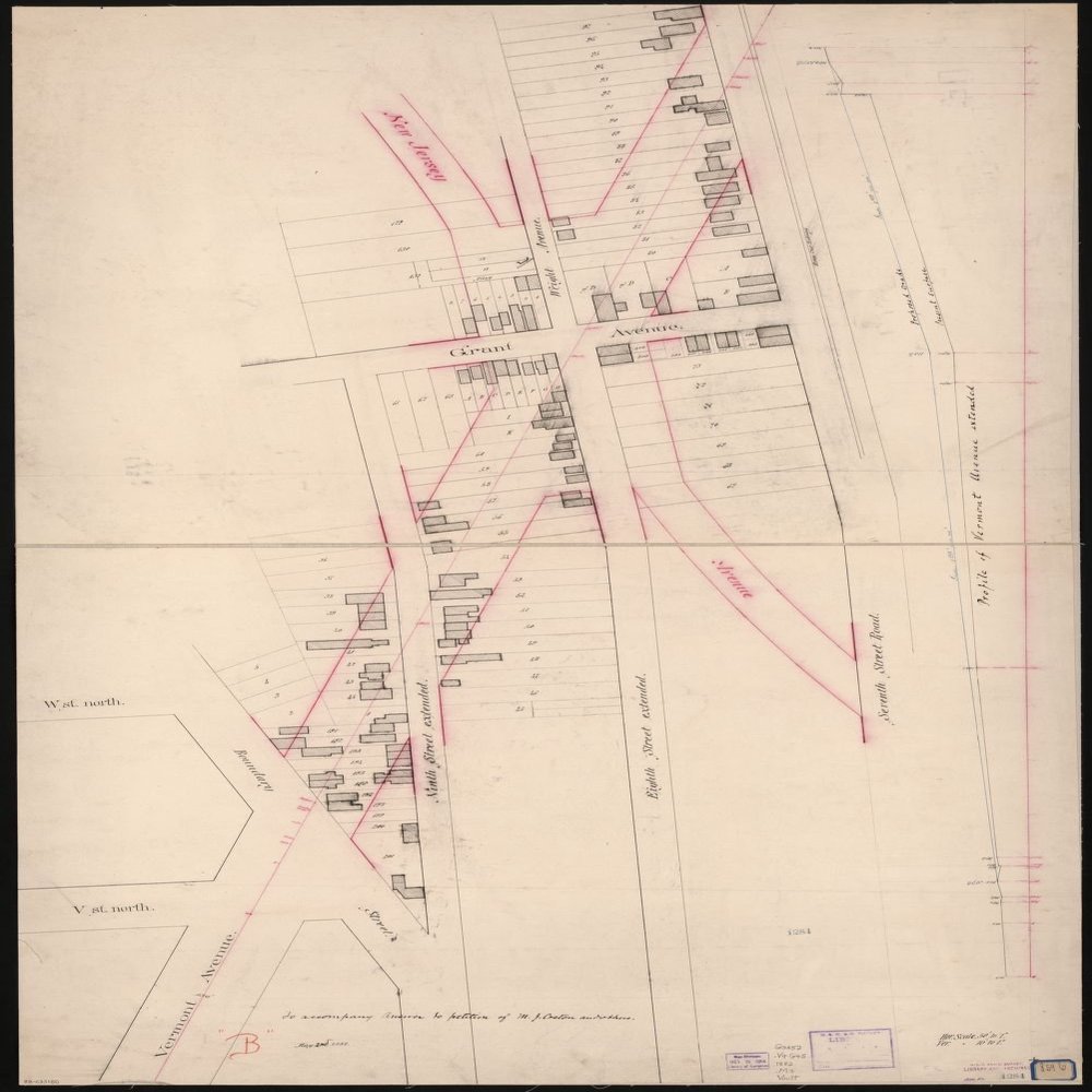 16" x 24" 1882 Map of Proposed Extensions of Vermont & New Jersey Avenues N.W. Between Florida & Georgia Avenues Washington D.C.