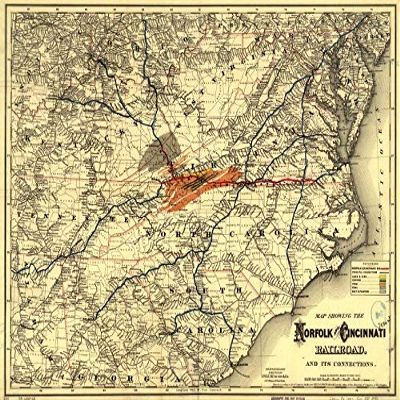 18" x 24" 1882 Map Showing The Norfolk & Cincinnati Railroad