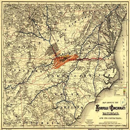 18" x 24" 1882 Map Showing The Norfolk & Cincinnati Railroad