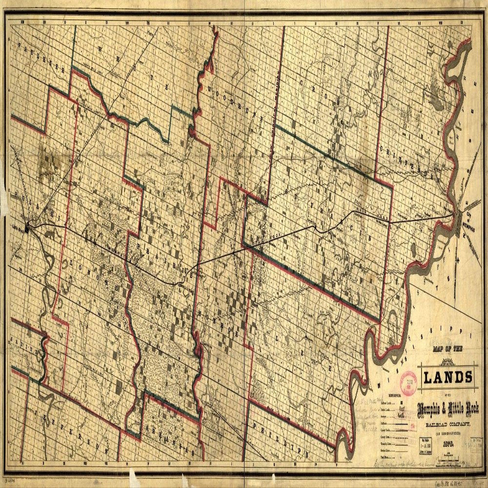 10" x 24" 1878 Map of The Lands of The Memphis & Little Rock Railroad Company