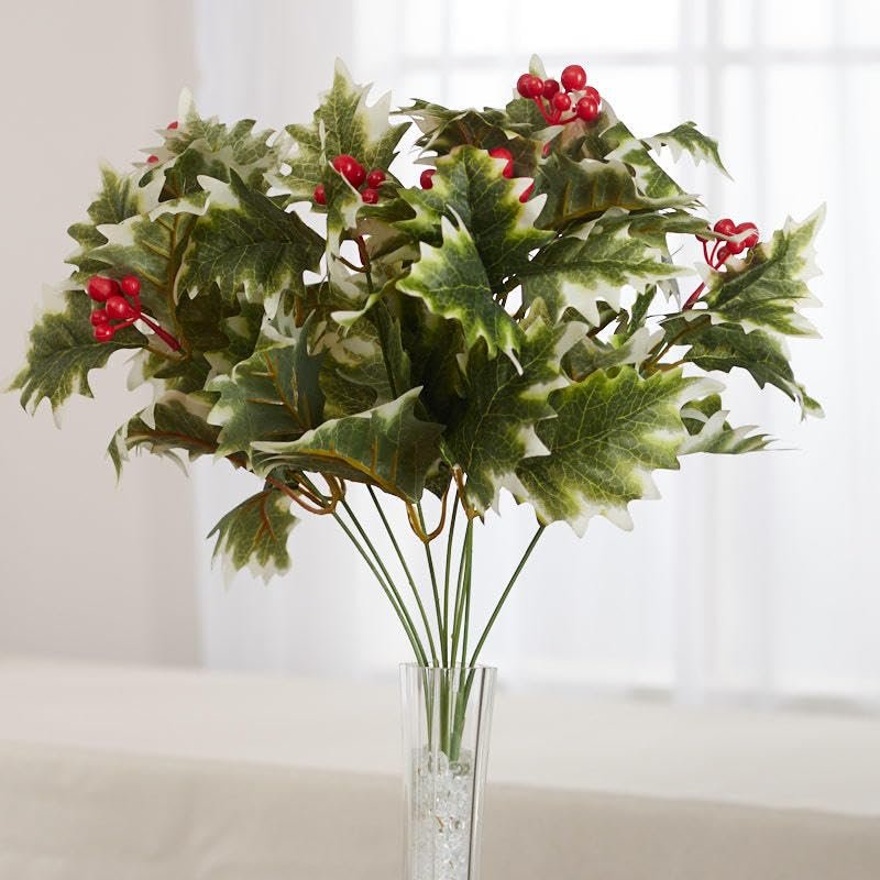 Factory Direct Craft Weather Resistant Artificial Variegated Holly and Berry Bush - Fake Holly for Indoor and Outdoor Christmas Arrangements and Holiday Decorating (18 Inches High)